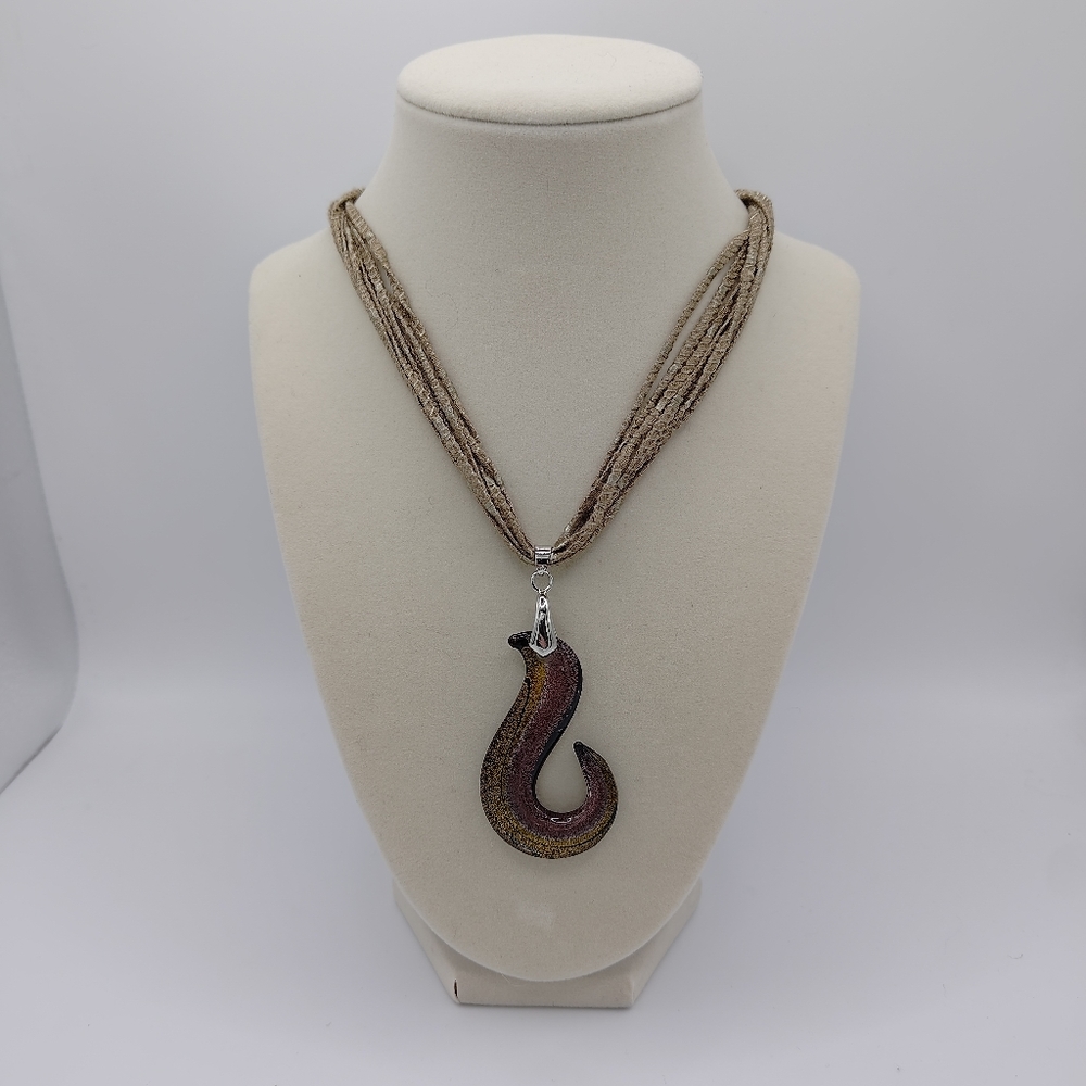 2010s Chunky Glass Pendant on Yarn with Glass Square Beads and Magnetic Clasp